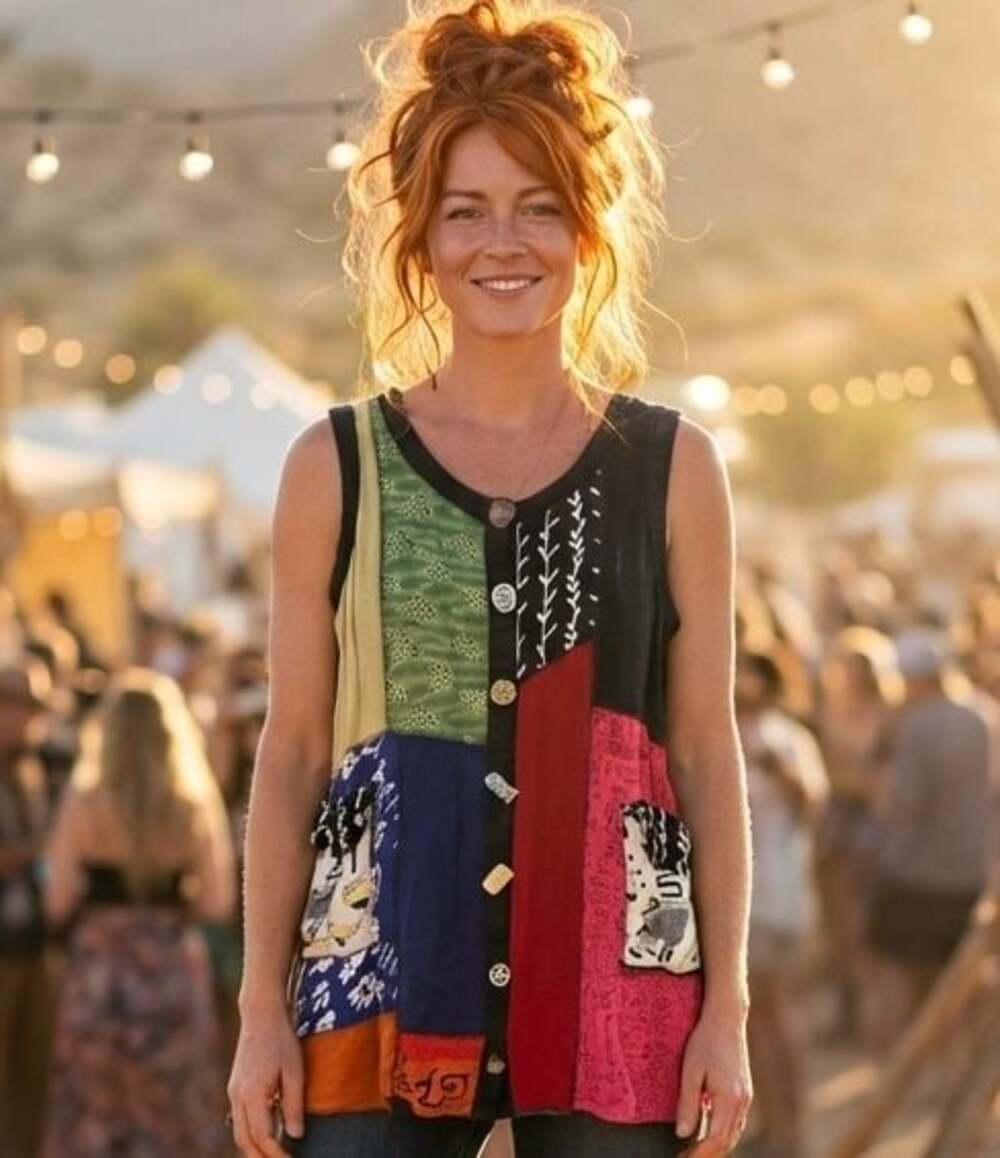La Cera Patchwork Button Front Sleeveless Tunic Top Size L Novelty Buttons